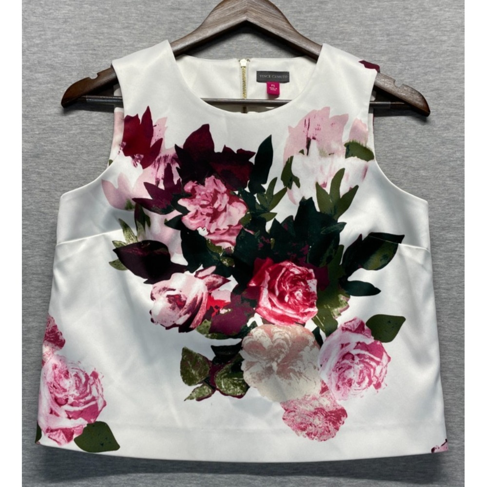 Vince Camuto Cropped Shell Top Womens Petite Small White Multi Floral Back Zip